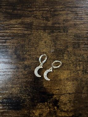 Faux Gold Moon CZ Drop Hoop Earrings - Dainty Crescent Charm